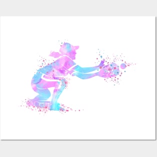 Girl Baseball Catcher Watercolor Aqua Pink Softball Player Posters and Art